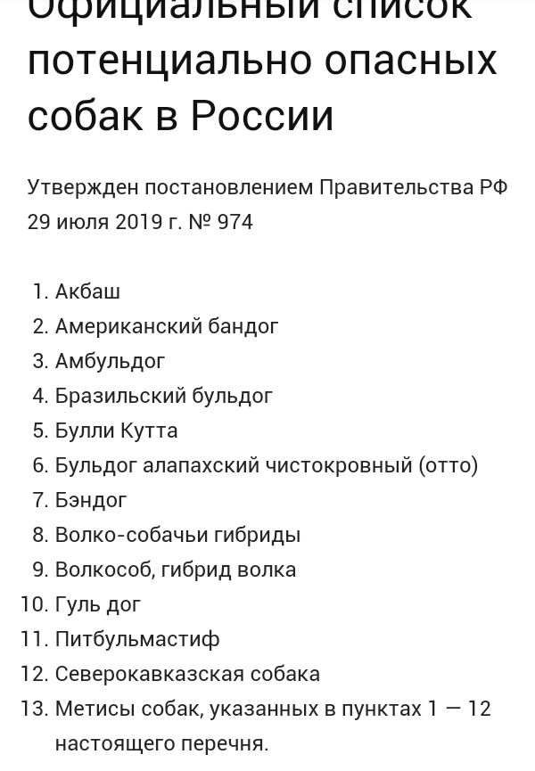 Перечень потенциально опасных собак 2024 утвержденный правительством